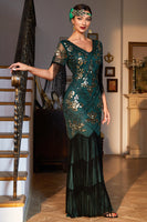 Load image into Gallery viewer, Sheath V Neck Black Sequins Long 1920s Flapper Dress with Fringes