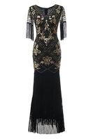 Load image into Gallery viewer, V Neck Black Long 1920s Flapper Dress with Sequins and Fringes