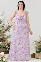 Load image into Gallery viewer, Purple Floral Print Plus Size Bridesmaid Dress