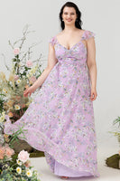 Load image into Gallery viewer, Purple Floral Print Plus Size Bridesmaid Dress