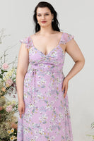 Load image into Gallery viewer, Purple Floral Print Plus Size Bridesmaid Dress