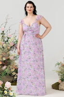 Load image into Gallery viewer, Purple Floral Print Plus Size Bridesmaid Dress