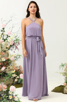 Load image into Gallery viewer, A Line Halter Purple Long Bridesmaid Dress with Bowknot