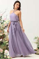 Load image into Gallery viewer, A Line Halter Purple Long Bridesmaid Dress with Bowknot