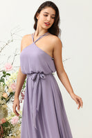 Load image into Gallery viewer, A Line Halter Purple Long Bridesmaid Dress with Bowknot