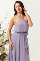 Load image into Gallery viewer, A Line Halter Purple Long Bridesmaid Dress with Bowknot