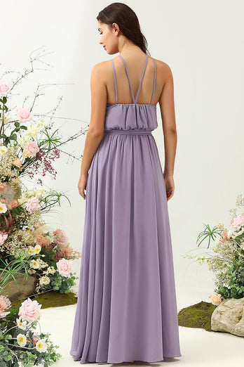 A Line Halter Purple Long Bridesmaid Dress with Bowknot