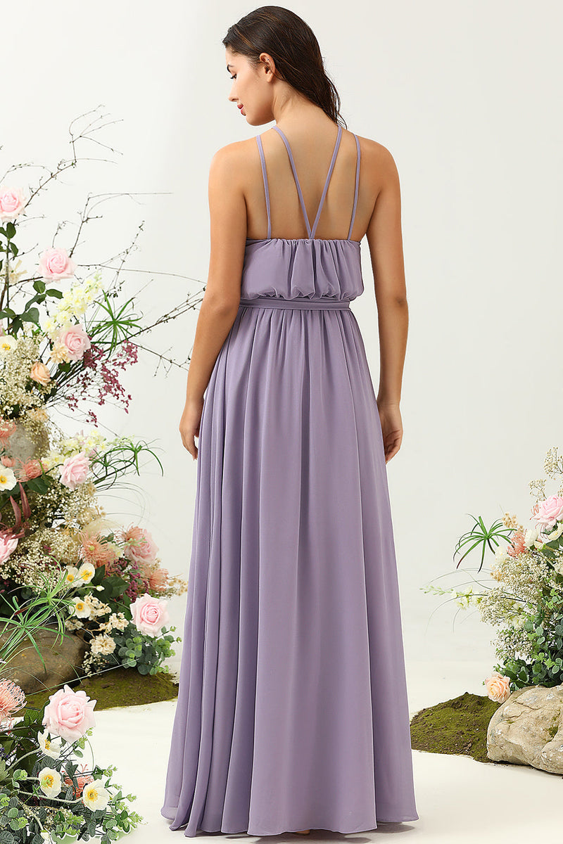 Load image into Gallery viewer, A Line Halter Purple Long Bridesmaid Dress with Bowknot
