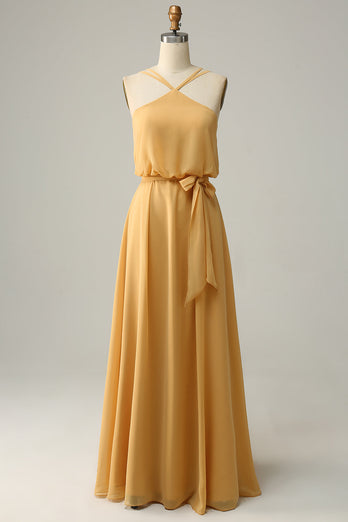 A Line Halter Yellow Long Bridesmaid Dress with Bowknot