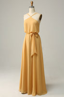 Load image into Gallery viewer, A Line Halter Yellow Long Bridesmaid Dress with Bowknot