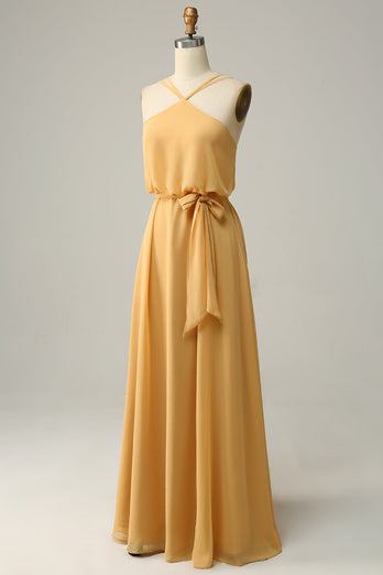 A Line Halter Yellow Long Bridesmaid Dress with Bowknot