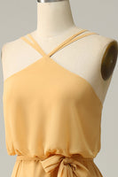 Load image into Gallery viewer, A Line Halter Yellow Long Bridesmaid Dress with Bowknot