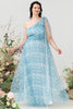 Load image into Gallery viewer, Blue Print One Shoulder Plus Size Bridesmaid Dress