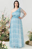 Load image into Gallery viewer, Blue Print One Shoulder Plus Size Bridesmaid Dress