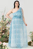 Load image into Gallery viewer, Blue Print One Shoulder Plus Size Bridesmaid Dress