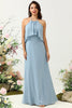 Load image into Gallery viewer, A Line Halter Neck Blue Long Bridesmaid Dress