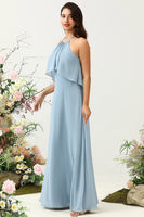 Load image into Gallery viewer, A Line Halter Neck Blue Long Bridesmaid Dress