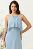 Load image into Gallery viewer, A Line Halter Neck Blue Long Bridesmaid Dress