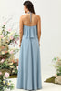 Load image into Gallery viewer, A Line Halter Neck Blue Long Bridesmaid Dress