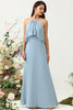 Load image into Gallery viewer, A Line Halter Neck Blue Long Bridesmaid Dress