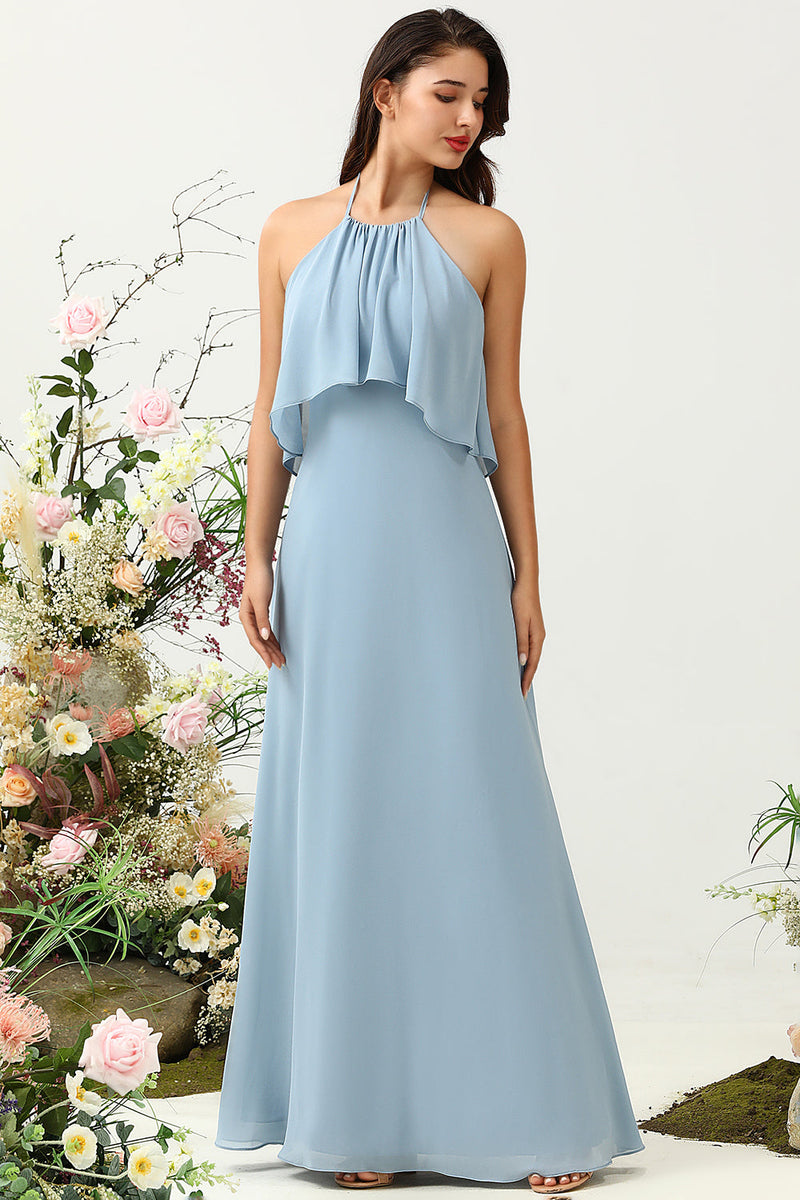 Load image into Gallery viewer, A Line Halter Neck Blue Long Bridesmaid Dress