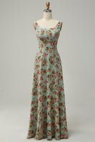 Load image into Gallery viewer, A Line Square Neck Green Floral Long Bridesmaid Dress with Open Back