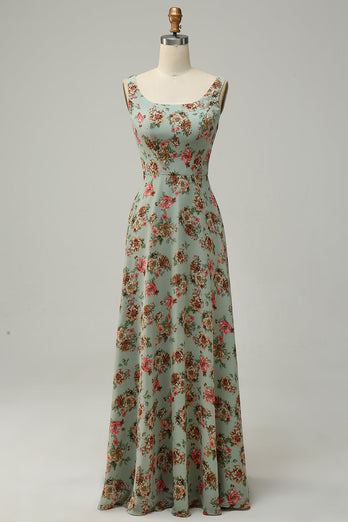 A Line Square Neck Green Floral Long Bridesmaid Dress with Open Back
