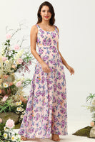 Load image into Gallery viewer, A Line Square Neck Pink Floral Printed Long Bridesmaid Dress with Open Back