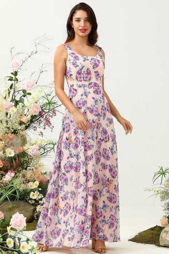 A Line Square Neck Pink Floral Printed Long Bridesmaid Dress with Open Back