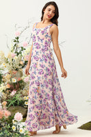 Load image into Gallery viewer, A Line Square Neck Pink Floral Printed Long Bridesmaid Dress with Open Back