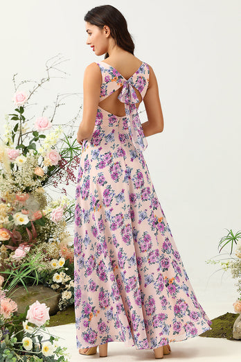 A Line Square Neck Pink Floral Printed Long Bridesmaid Dress with Open Back