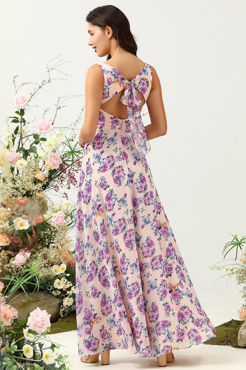 Load image into Gallery viewer, A Line Square Neck Pink Floral Printed Long Bridesmaid Dress with Open Back