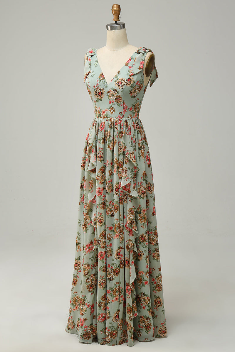 Load image into Gallery viewer, A Line V Neck Green Floral Printed Long Bridesmaid Dress