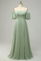 Load image into Gallery viewer, A Line Off the Shoulder Green Long Bridesmaid Dress with Ruffles