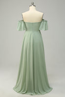 Load image into Gallery viewer, A Line Off the Shoulder Green Long Bridesmaid Dress with Ruffles