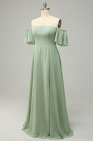 Load image into Gallery viewer, A Line Off the Shoulder Green Long Bridesmaid Dress with Ruffles