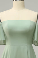 Load image into Gallery viewer, A Line Off the Shoulder Green Long Bridesmaid Dress with Ruffles
