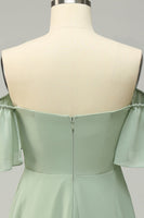 Load image into Gallery viewer, A Line Off the Shoulder Green Long Bridesmaid Dress with Ruffles