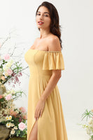 Load image into Gallery viewer, A Line Off the Shoulder Yellow Long Bridesmaid Dress