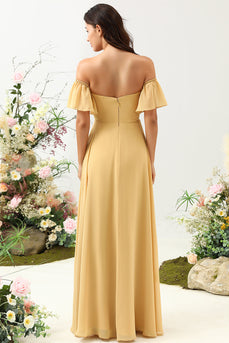 A Line Off the Shoulder Yellow Long Bridesmaid Dress