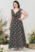 Load image into Gallery viewer, A Line V Neck Black Plus Size Bridesmaid Dress with Ruffles