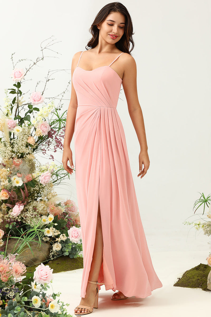 Load image into Gallery viewer, A Line Spaghetti Straps Blush Long Bridesmaid Dress with Split Front