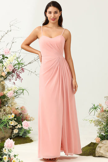 A Line Spaghetti Straps Blush Long Bridesmaid Dress with Split Front