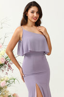 Load image into Gallery viewer, Sheath One Shoulder Purple Plus Size Bridesmaid Dress with Silt