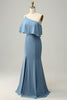 Load image into Gallery viewer, Sheath One Shoulder Blue Plus Size Bridesmaid Dress with Silt