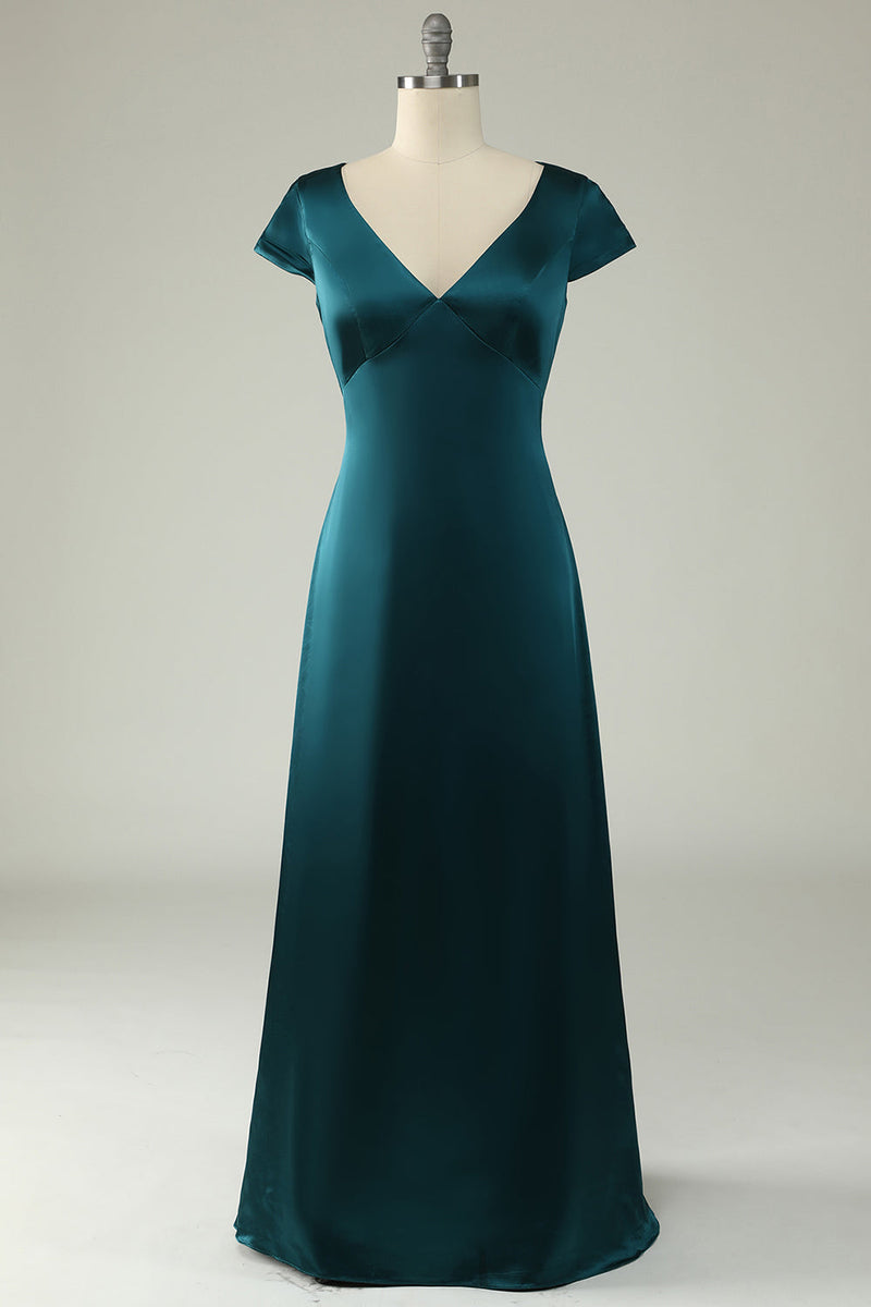 Load image into Gallery viewer, Satin V-Neck Dark Green Long Formal Dress