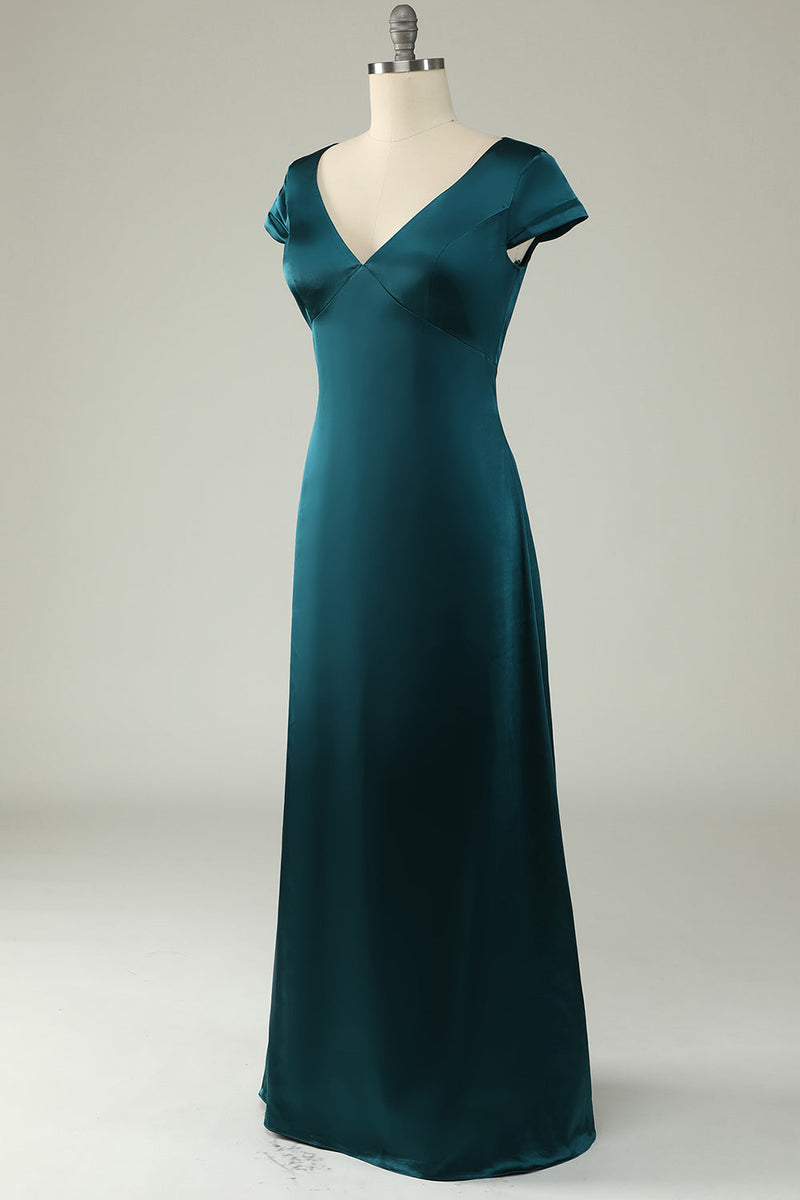 Load image into Gallery viewer, Satin V-Neck Dark Green Long Formal Dress