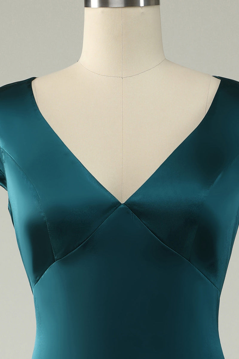 Load image into Gallery viewer, Satin V-Neck Dark Green Long Formal Dress