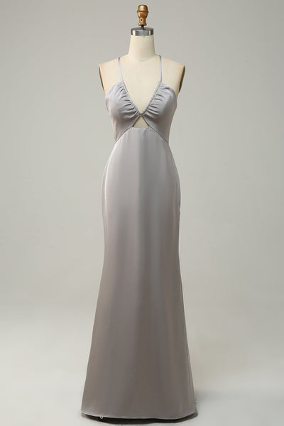 Mermaid Spaghetti Straps Grey Long Bridesmaid Dress with Open Back