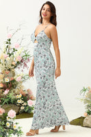 Load image into Gallery viewer, Grey Green Mermaid Floral Bridesmaid Dress
